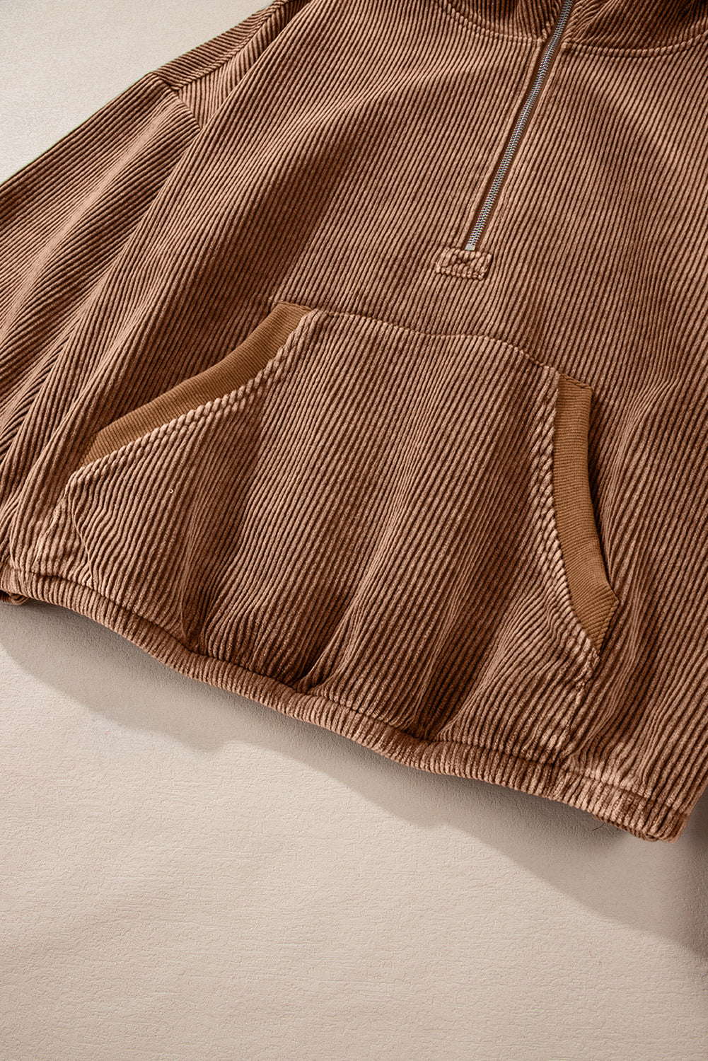 Chestnut Half Zipper Kangaroo Pocket Drawstring Corduroy Hoodie