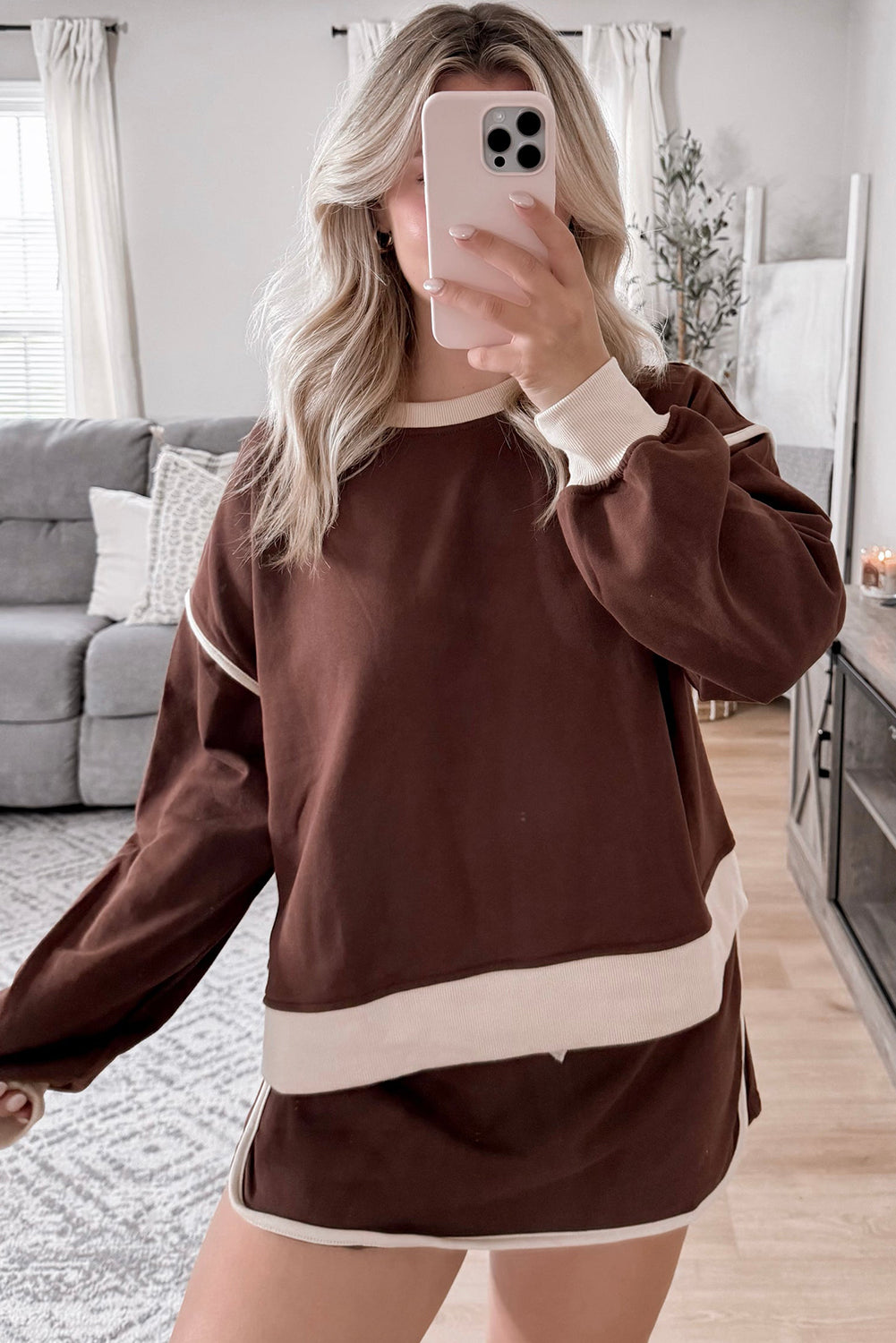 Coffee Contrast Trim Loose Pullover and Lace-up Waist Skort Set