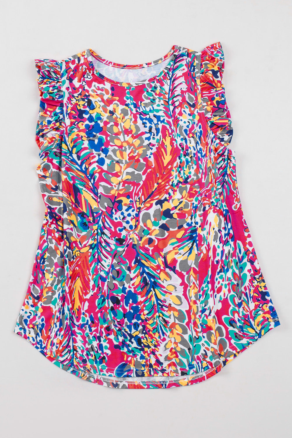 Rosy Boho Abstract Print Ruffle Babydoll Sleeveless Shirt