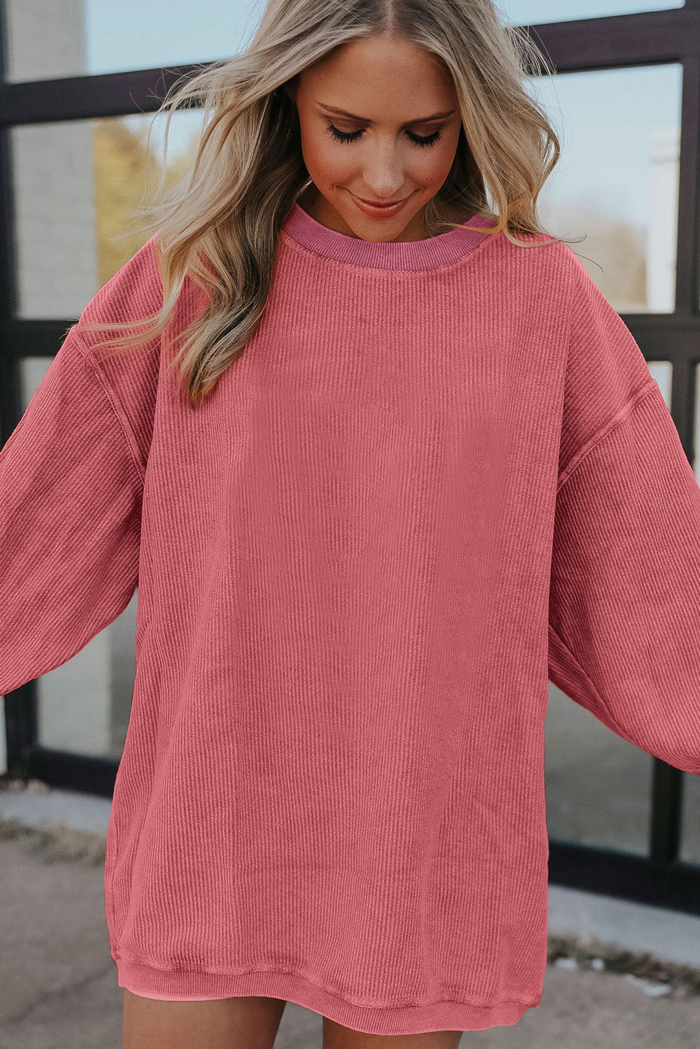 Light Grey Drop Shoulder Crinkle Rib Oversized Sweatshirt