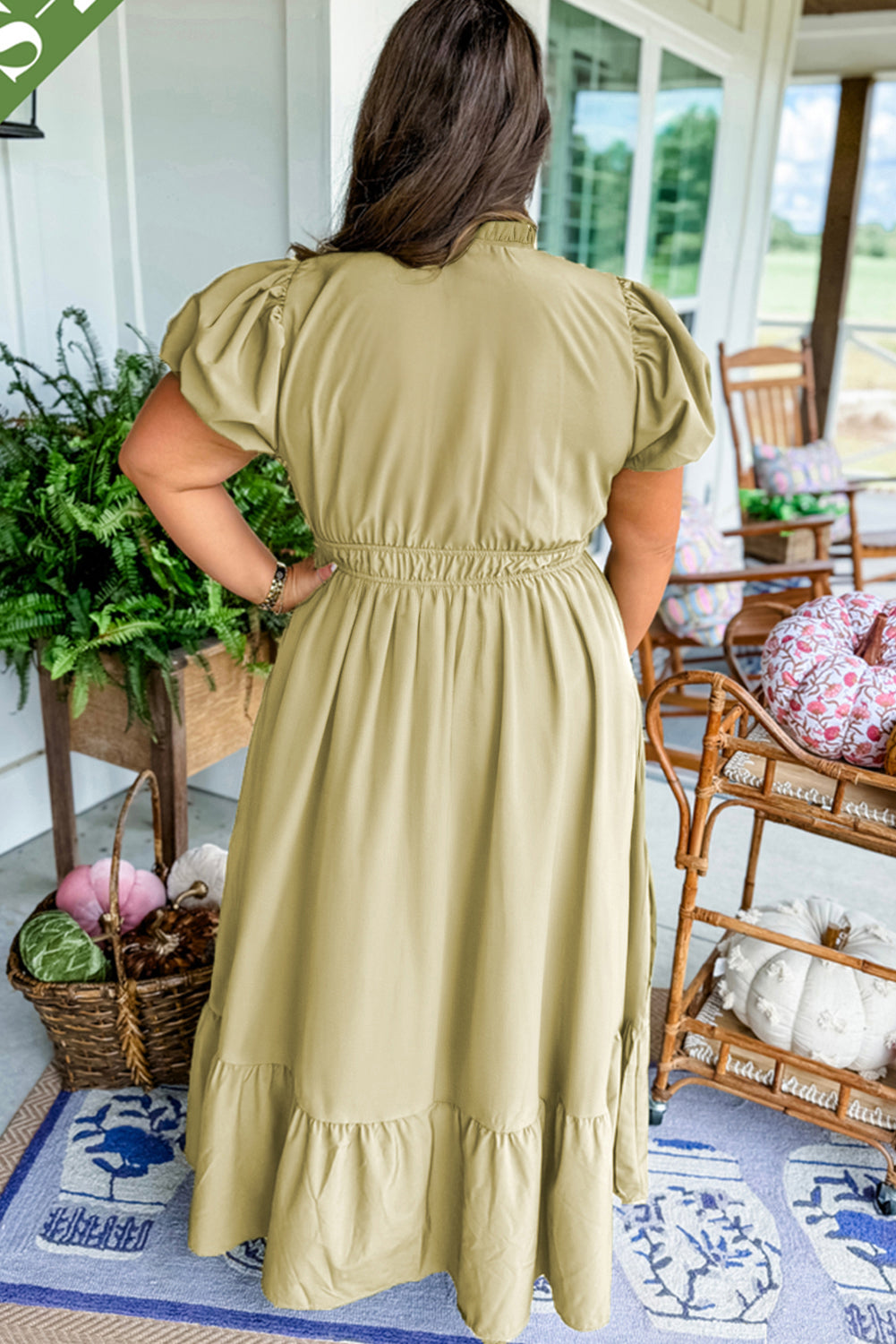 Laurel Green Notched V Neck Puff Sleeve Tiered Plus Size Maxi Dress