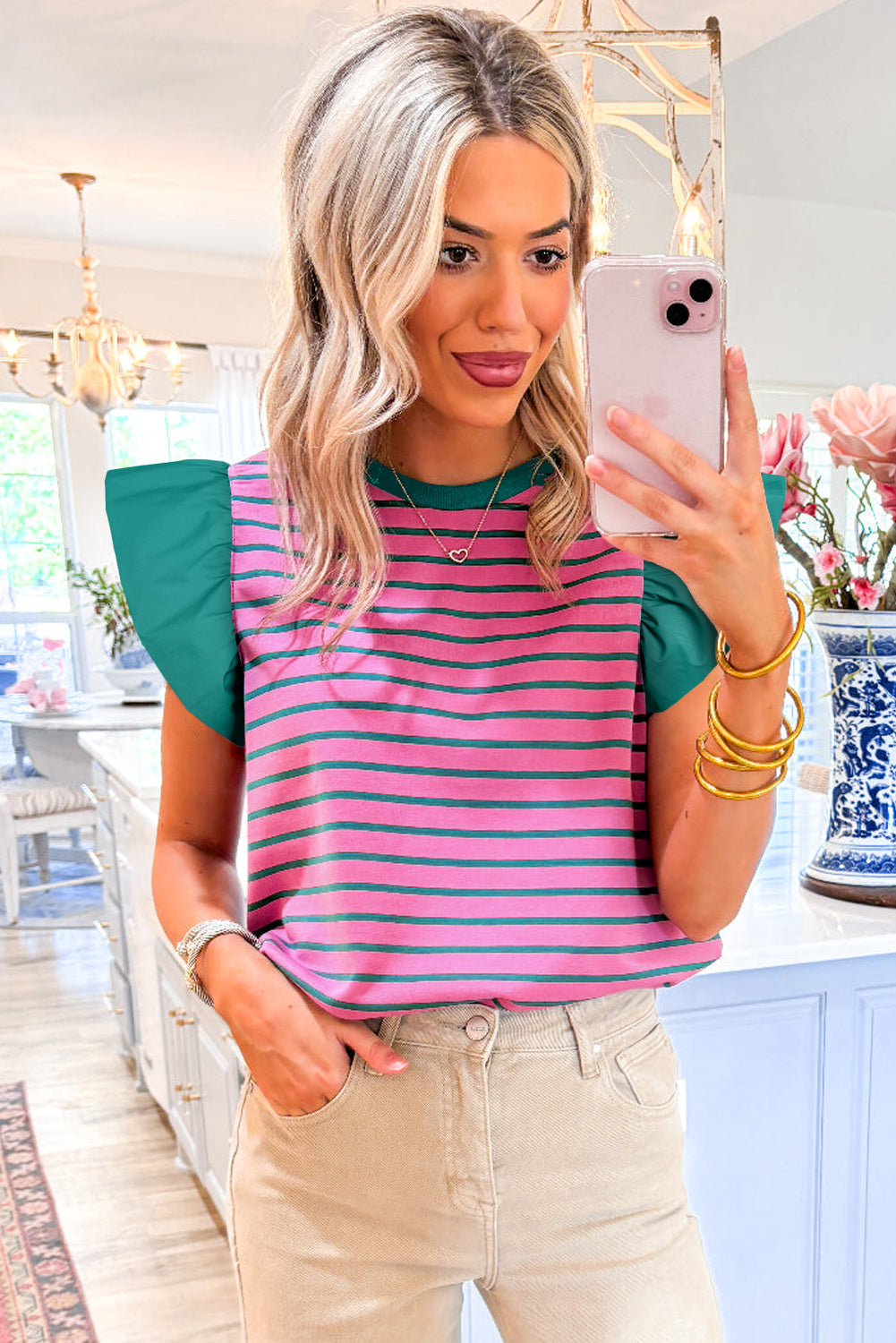 Pink Stripe Colorblock Ruffled Sleeve Crew Neck Blouse