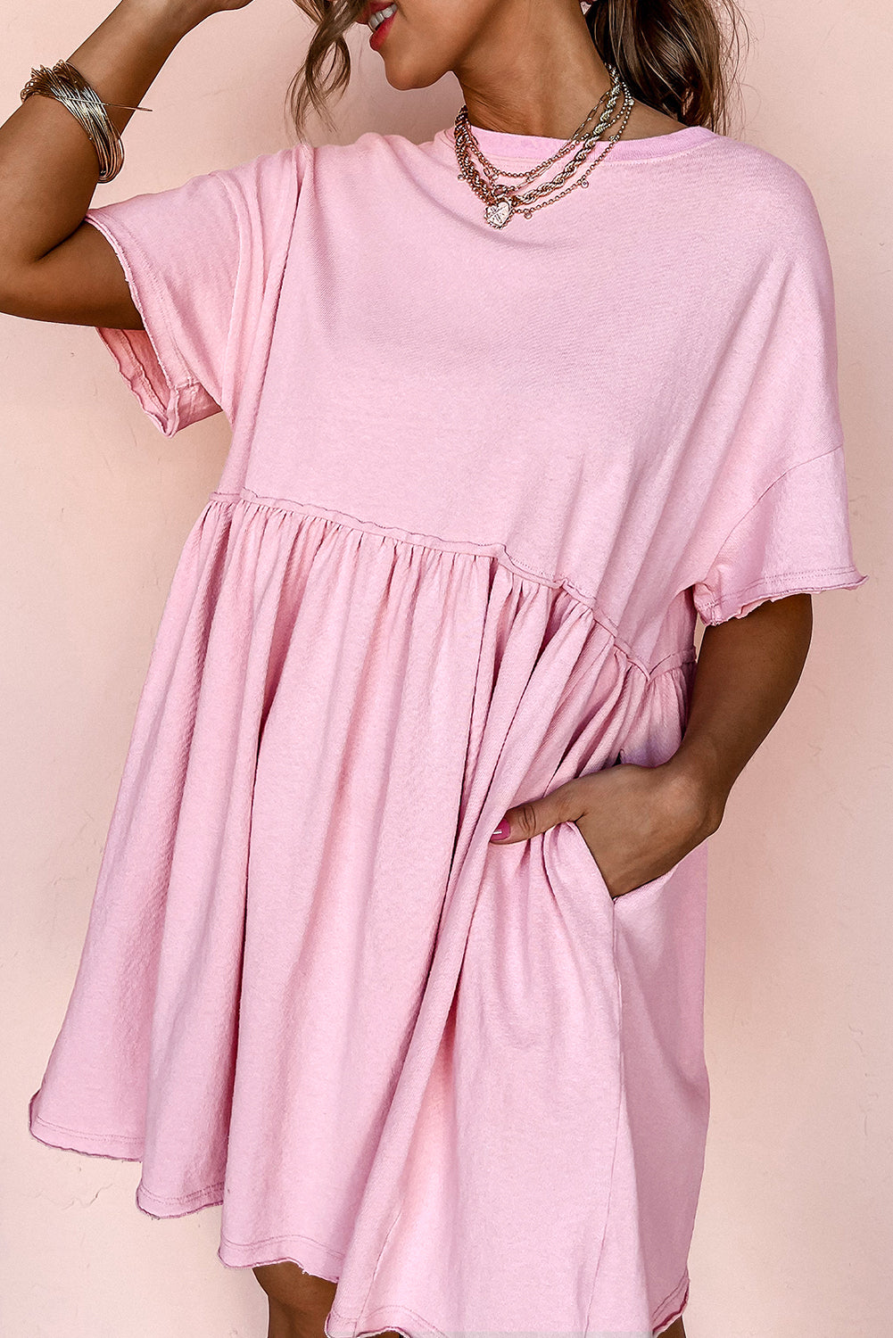 Light Pink Solid Color Pocket Raw Edge Babydoll Dress