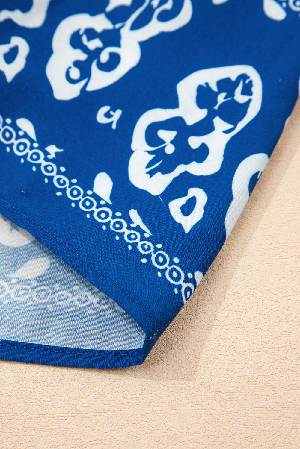 Sky Blue Floral Ruffle Hem Pop of Color Neckline Dress