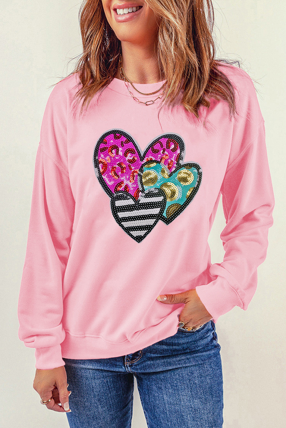 Pink Leopard Heart Patched Graphic Valentines Pullover Sweatshirt