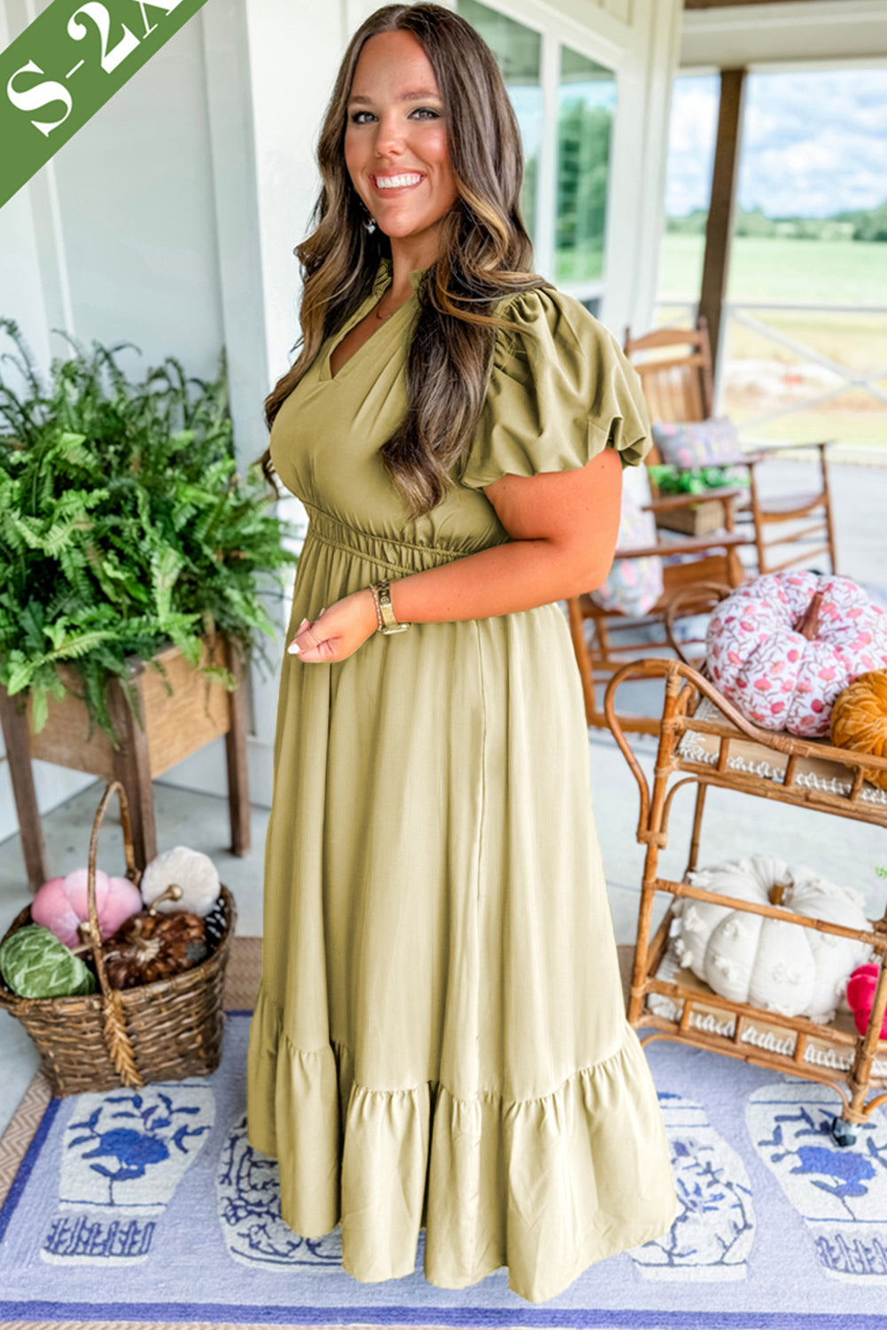 Laurel Green Notched V Neck Puff Sleeve Tiered Plus Size Maxi Dress