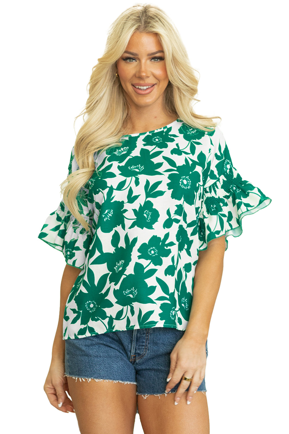 Green Floral Printed Ruffled Short Sleeve Round Neck Loose Blouse