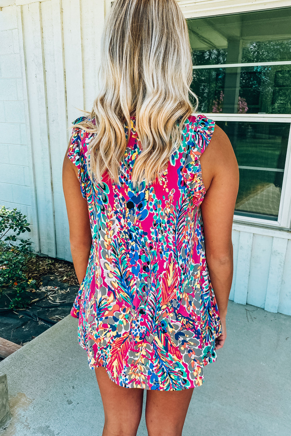 Rosy Boho Abstract Print Ruffle Babydoll Sleeveless Shirt