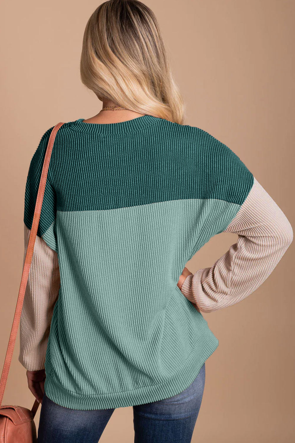 Khaki Color Block Long Sleeve Ribbed Loose Top