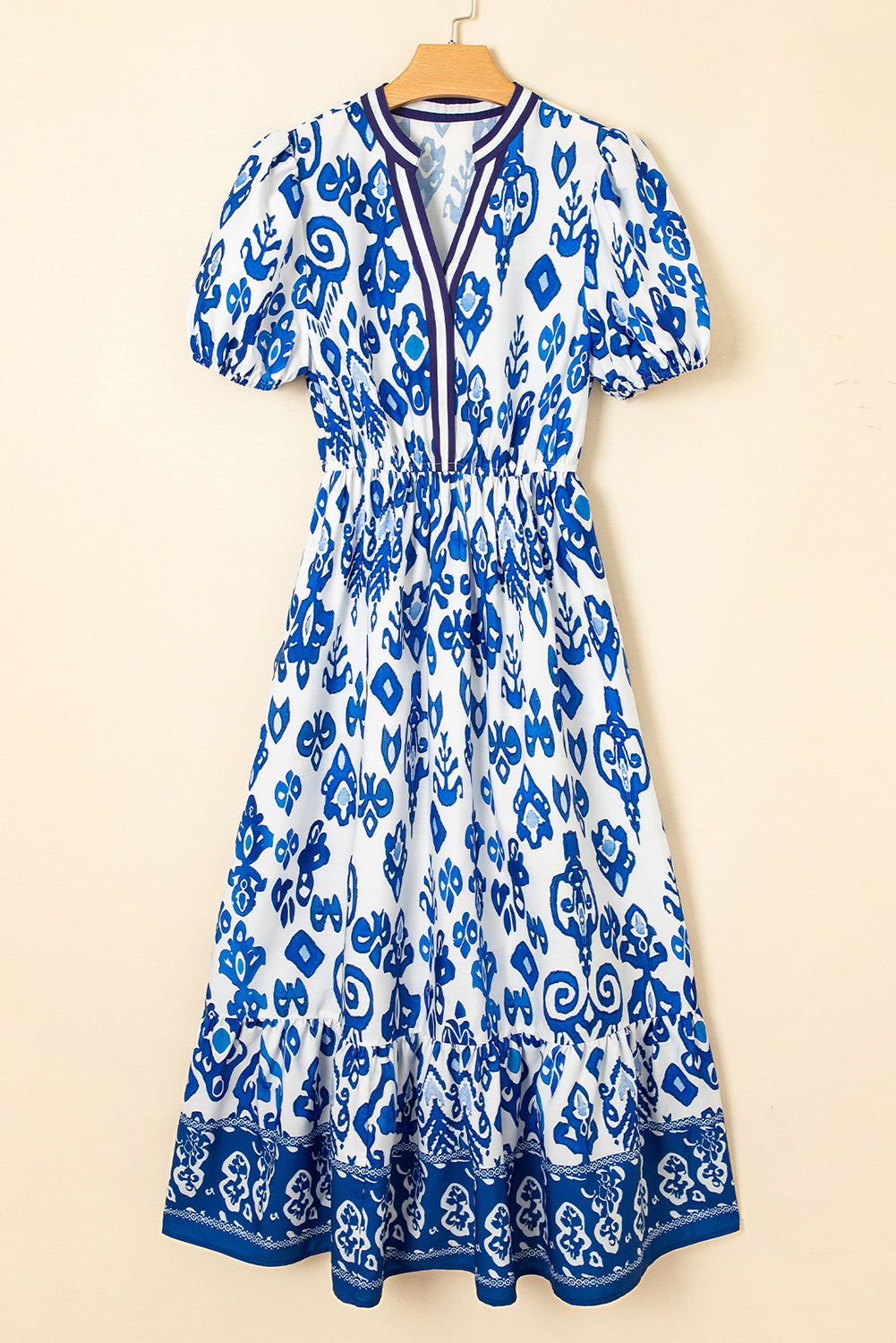 Sky Blue Floral Ruffle Hem Pop of Color Neckline Dress