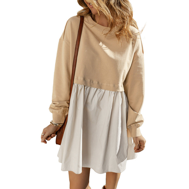 Fashion Colorblock Pleated Knee-length Short Skirt For Women European And American Leisure Loose Long Sleeve Dress