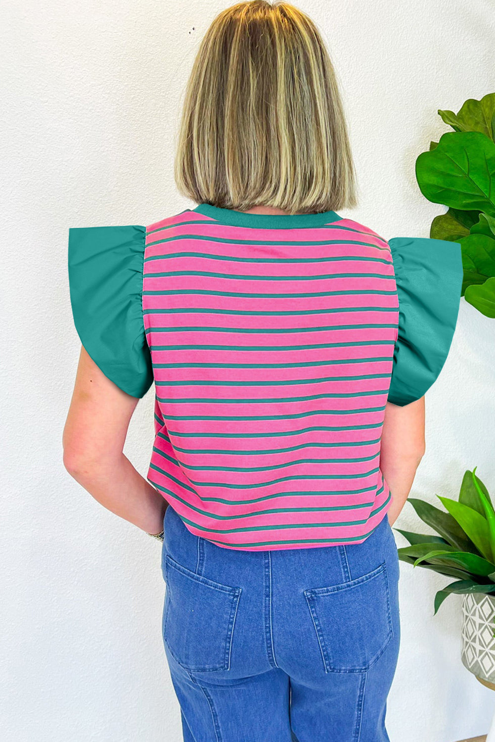 Pink Stripe Colorblock Ruffled Sleeve Crew Neck Blouse