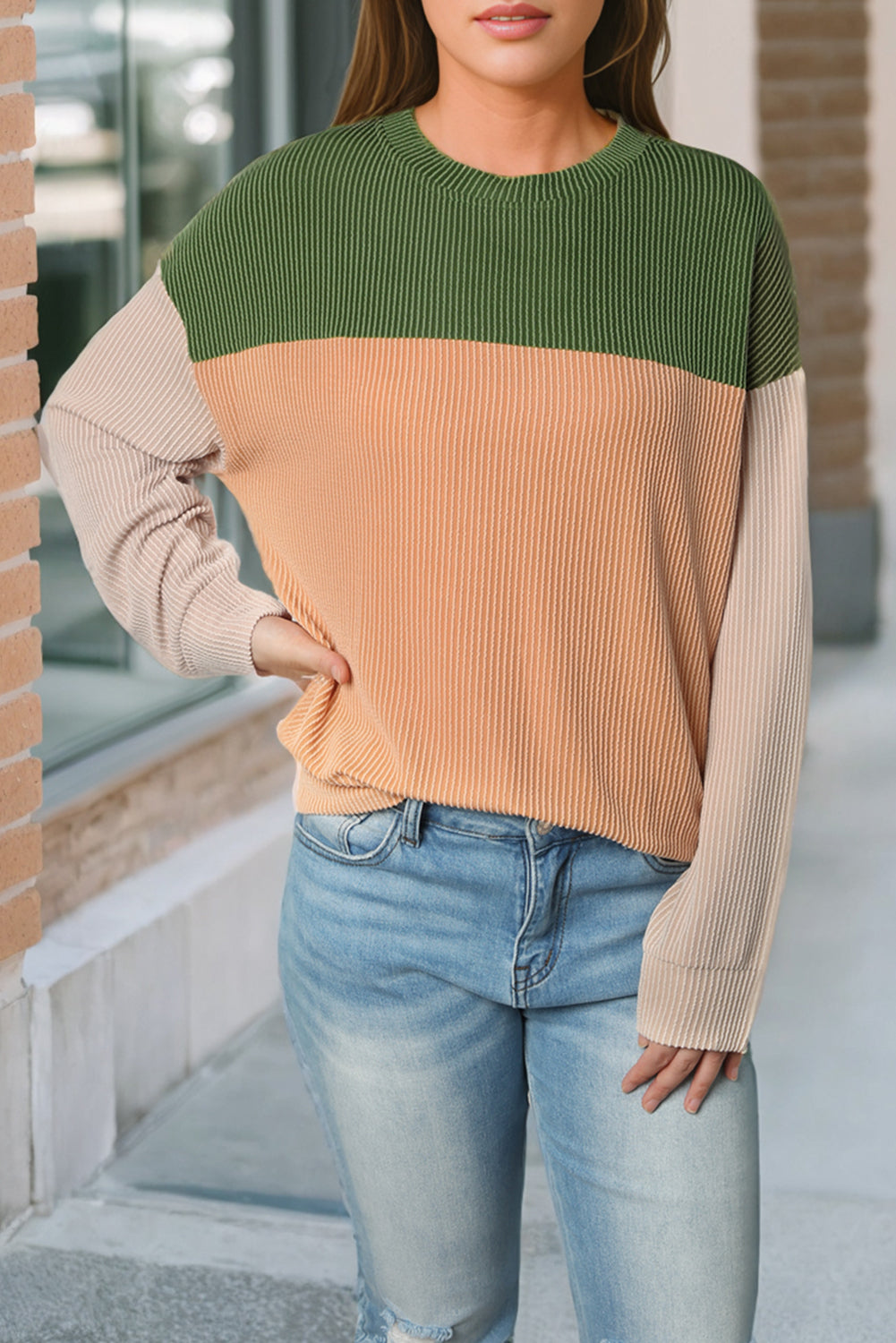 Khaki Color Block Long Sleeve Ribbed Loose Top