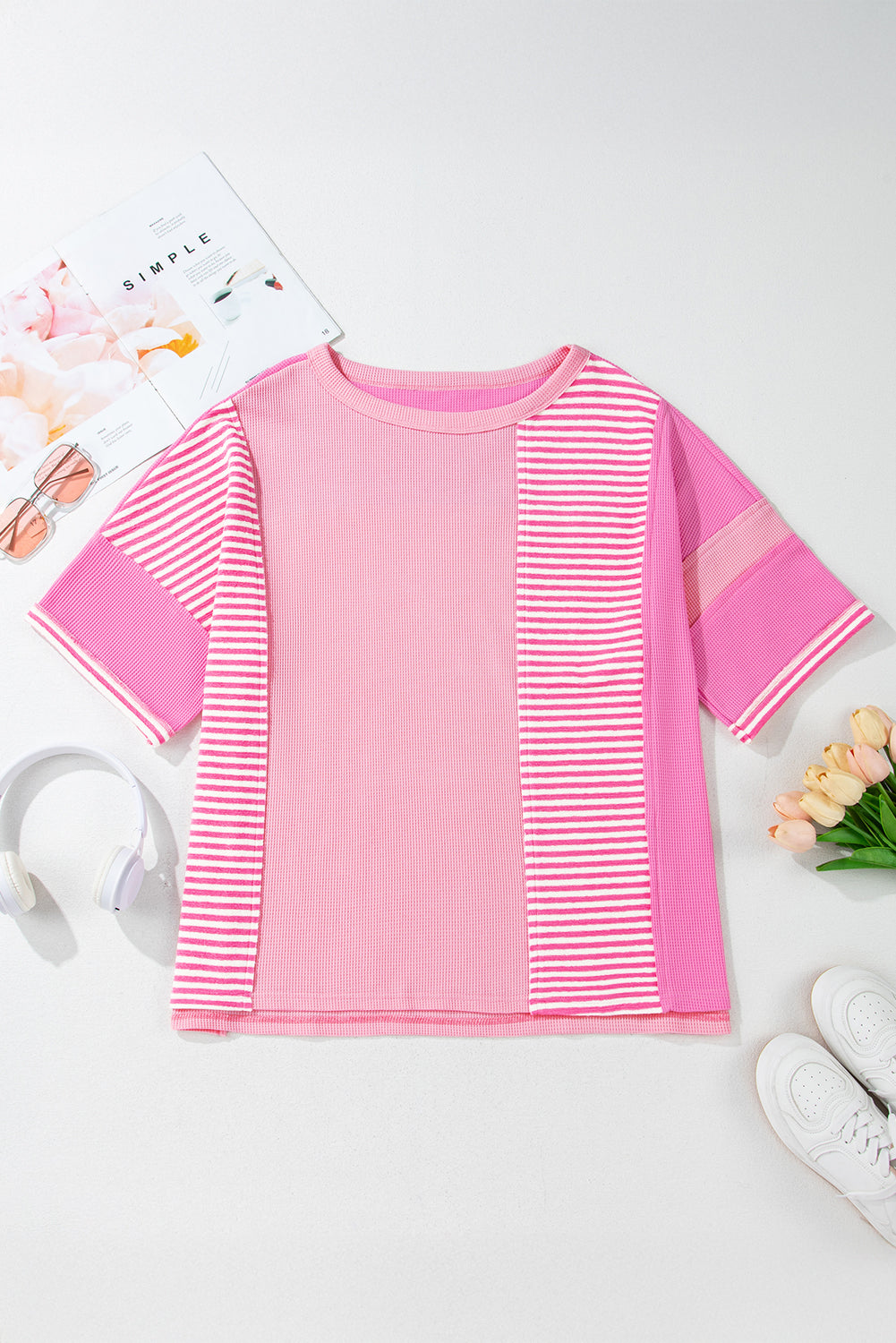 Pink Stripe Patchwork Colorblock Plus Size T Shirt