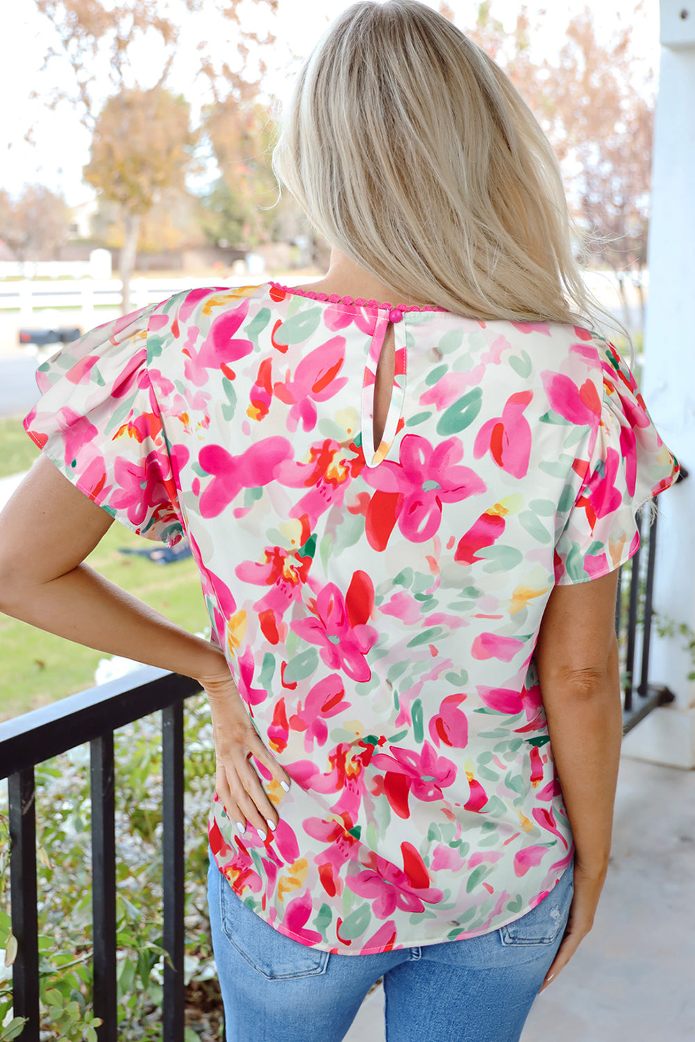 Rose Floral Print Flutter Sleeve Round Neck Casual Blouse