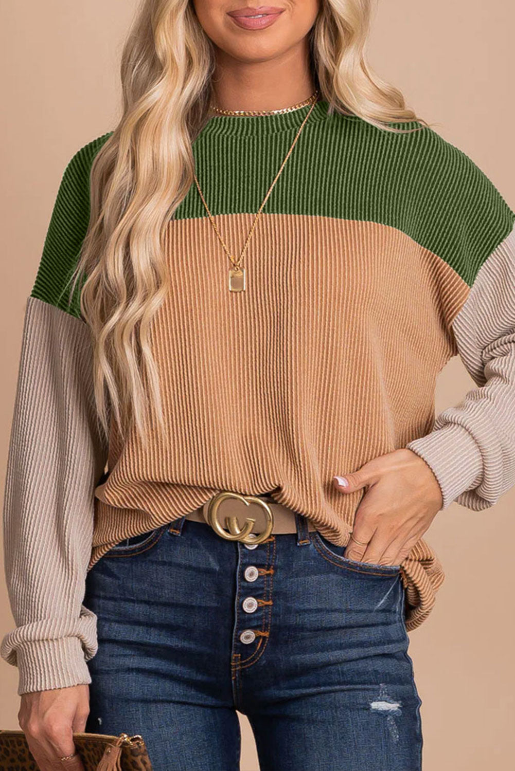 Khaki Color Block Long Sleeve Ribbed Loose Top