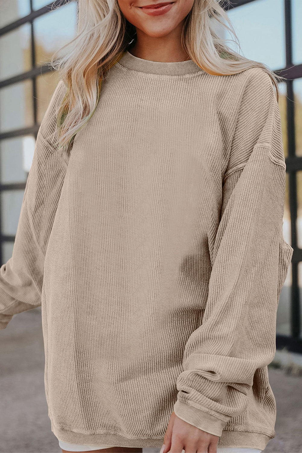 Light Grey Drop Shoulder Crinkle Rib Oversized Sweatshirt