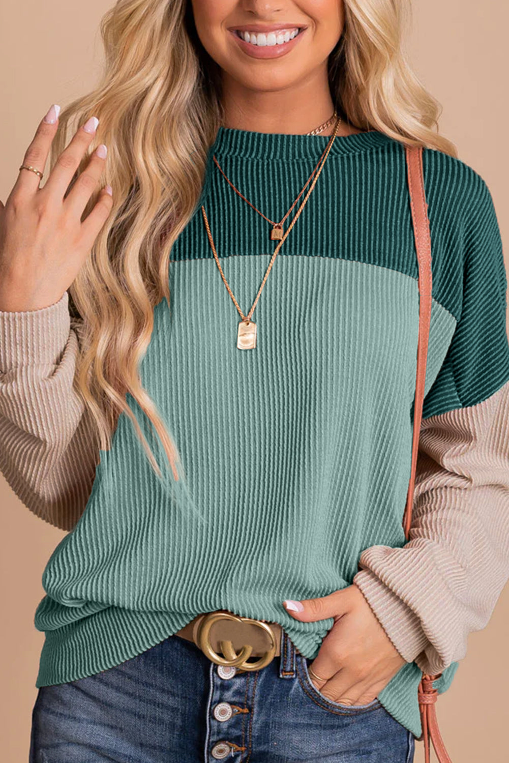 Khaki Color Block Long Sleeve Ribbed Loose Top