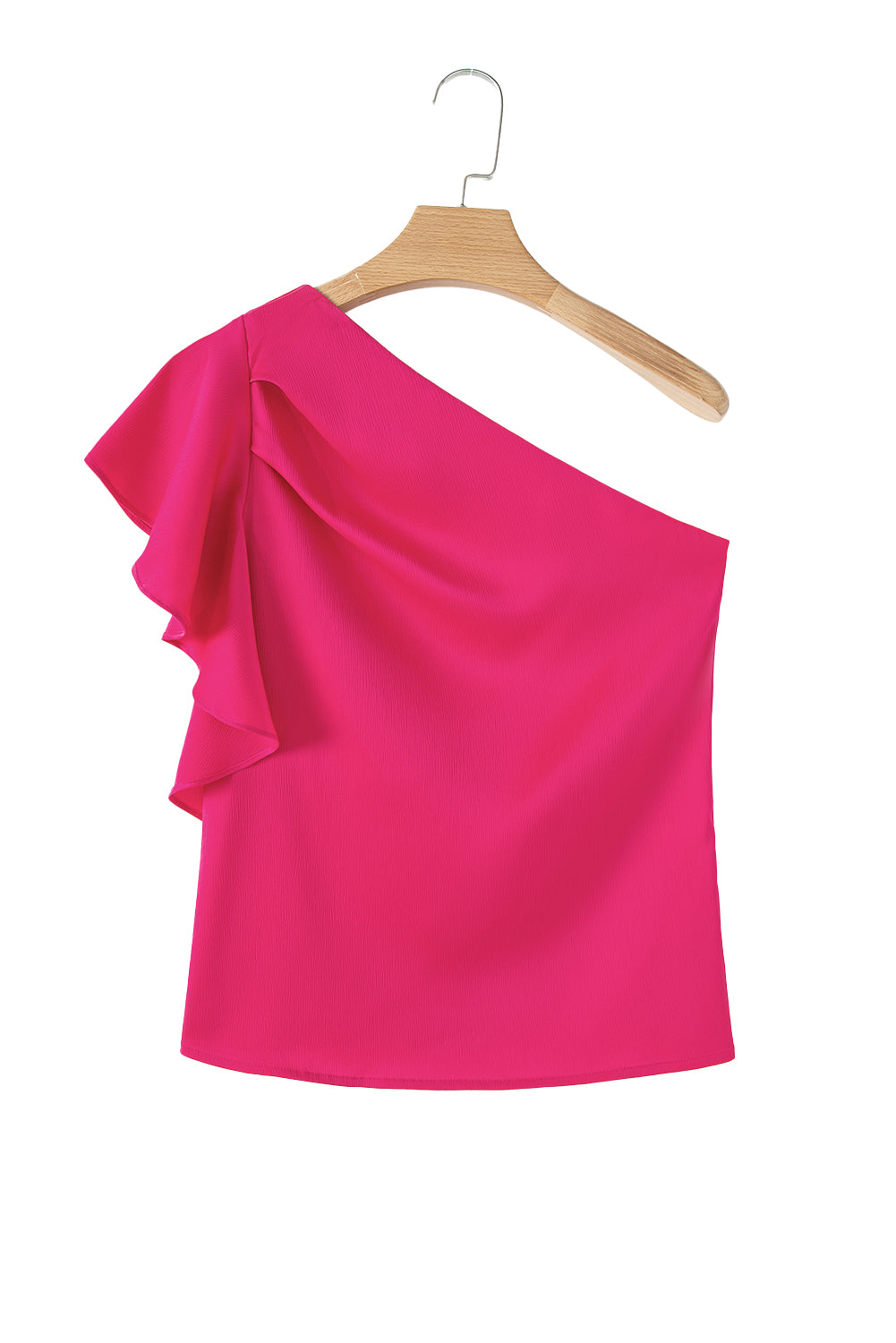 Strawberry Pink Asymmetric Shoulder Ruffle Sleeve Elegant Blouse