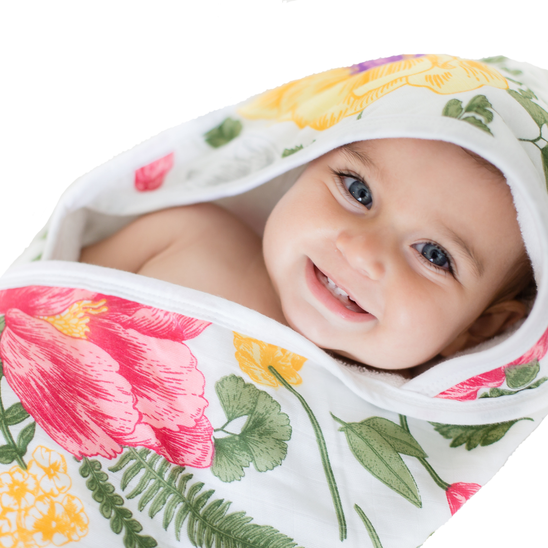 Baby Hooded Towel, Muslin-Backed, Buttery Soft Terry, Floral Print