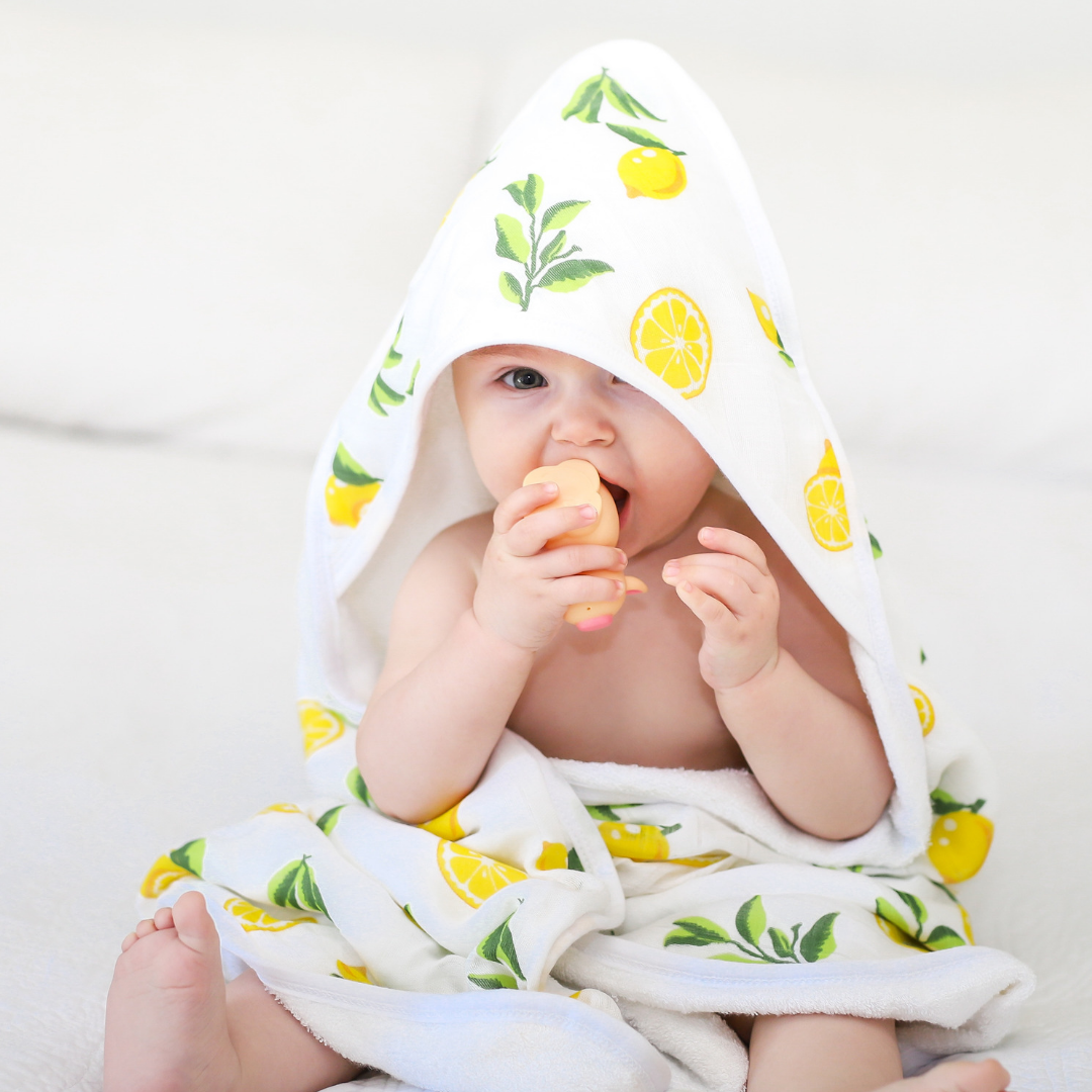 Baby Hooded Towel, Muslin-Backed, Buttery Soft Terry, Lemon Print