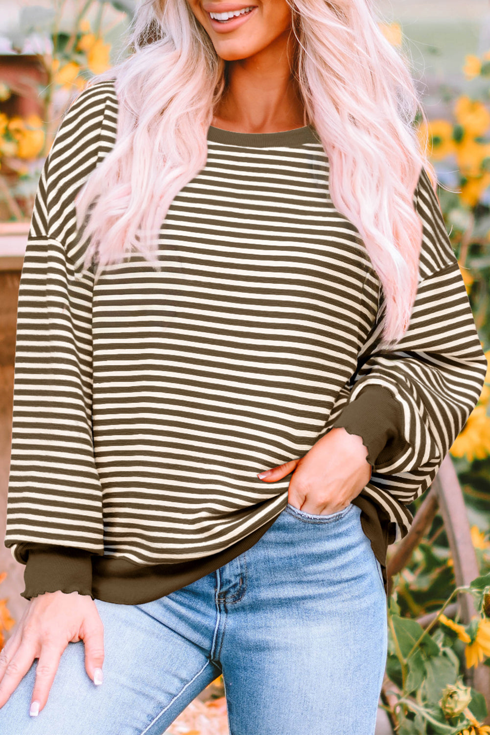 Black Stripe Loose Drop Shoulder Long Sleeve Top