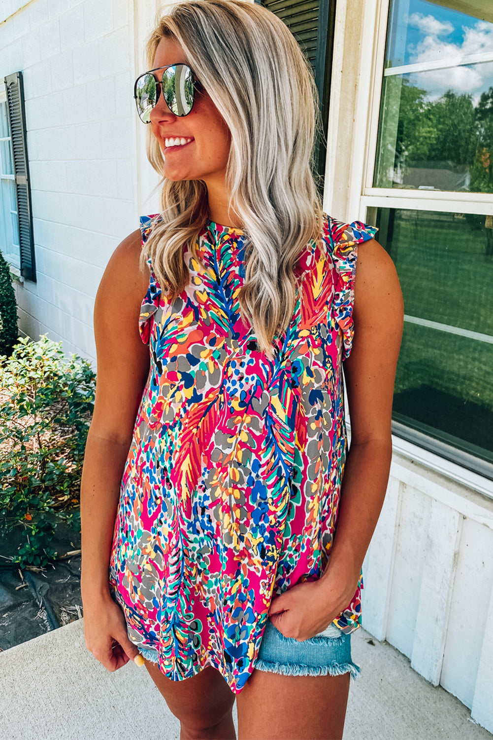 Rosy Boho Abstract Print Ruffle Babydoll Sleeveless Shirt