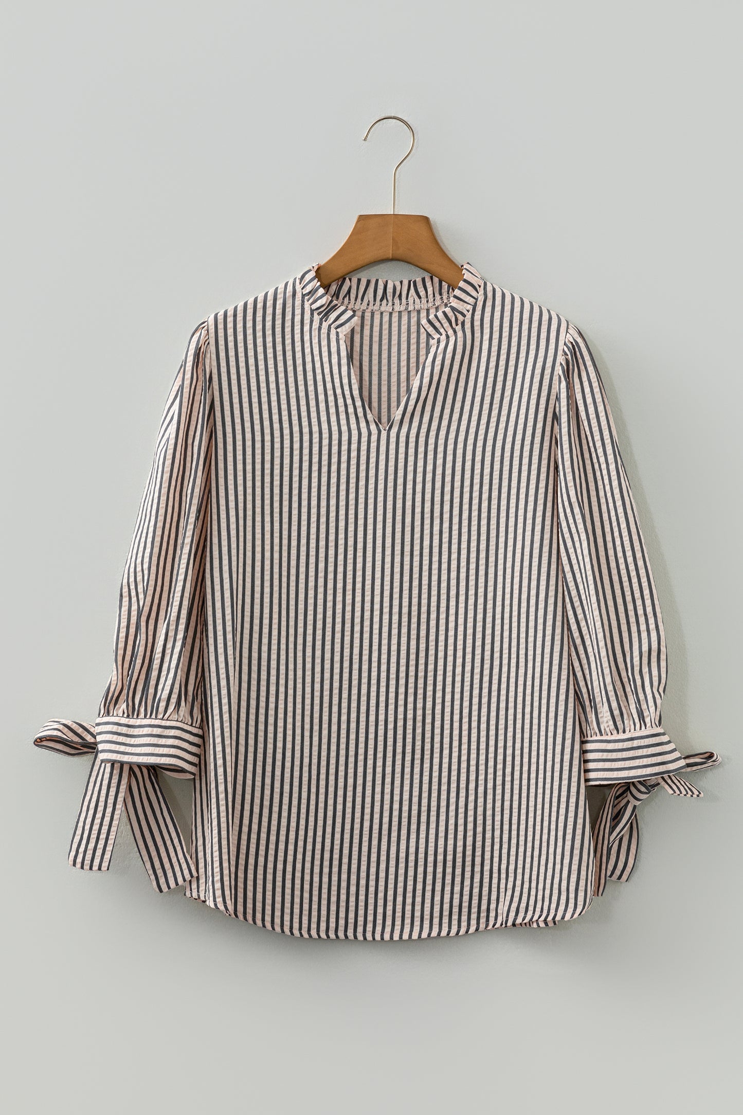 Black Stripe Knotted Cuff Long Sleeve V Neck Blouse