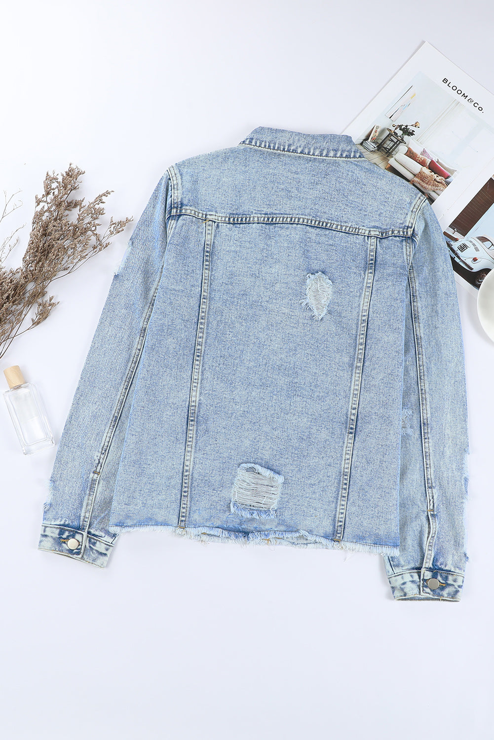 Light Blue Distressed Ripped Raw Hem Buttons Denim Jacket