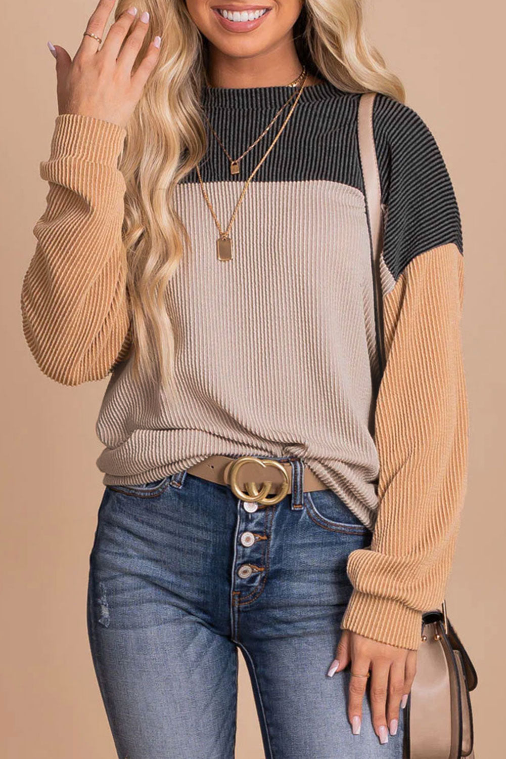 Khaki Color Block Long Sleeve Ribbed Loose Top