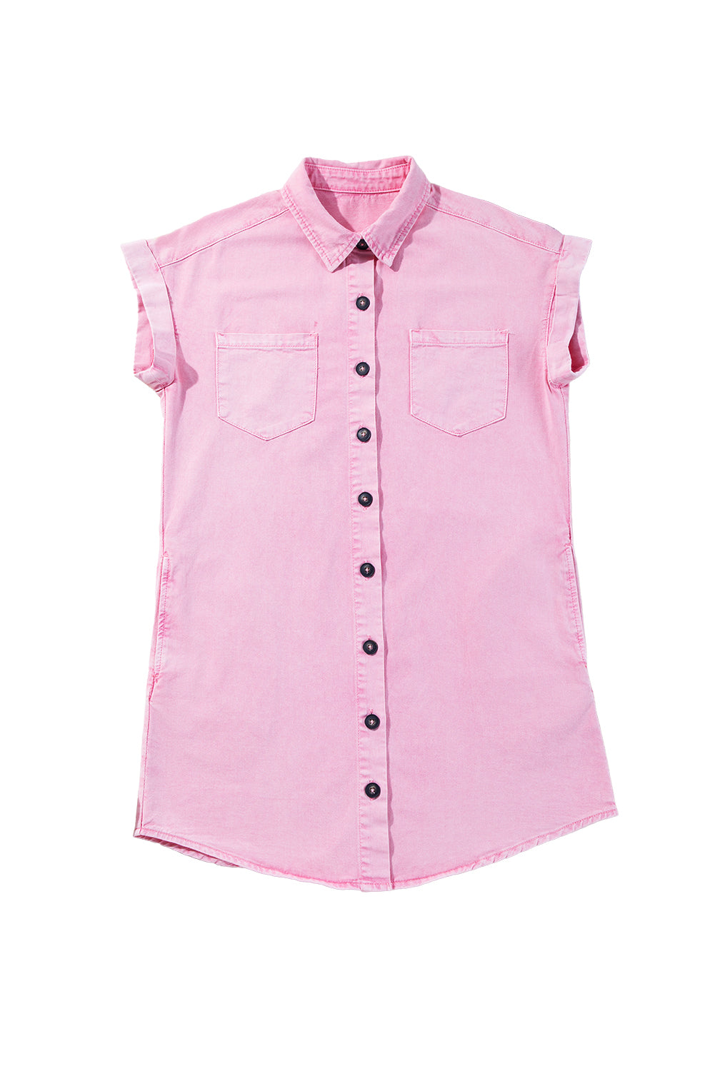 Pink Double Chest Pocket Denim Shirt Dress