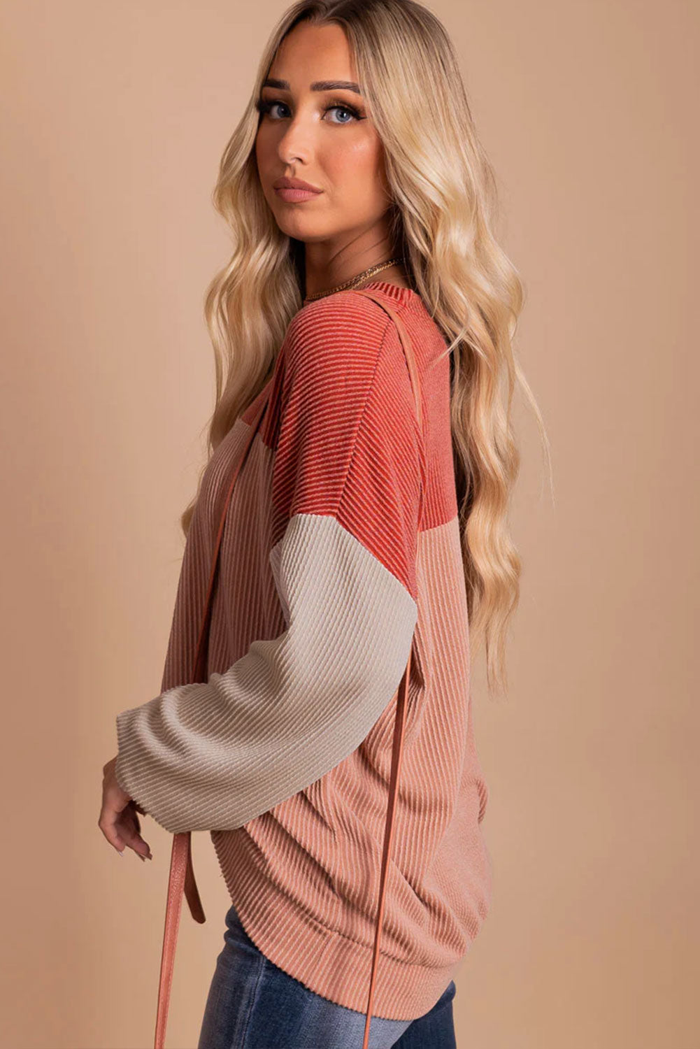 Khaki Color Block Long Sleeve Ribbed Loose Top