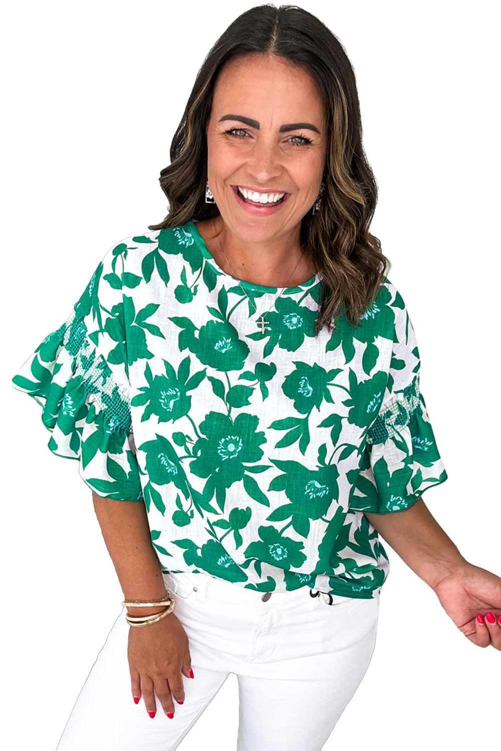 Green Floral Printed Ruffled Short Sleeve Round Neck Loose Blouse