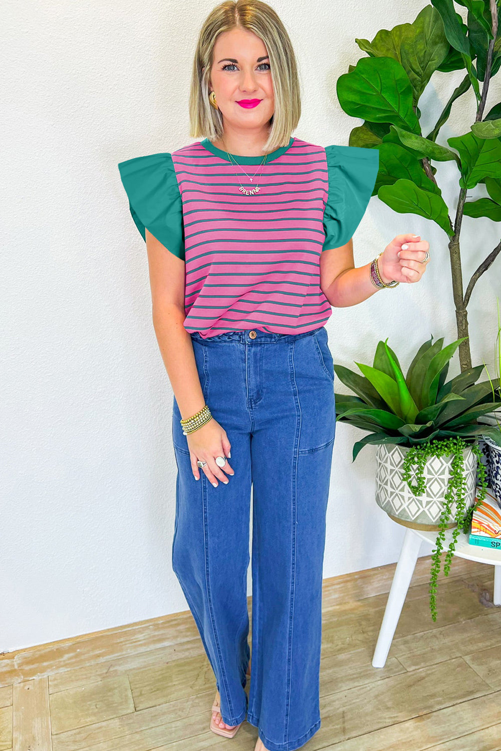 Pink Stripe Colorblock Ruffled Sleeve Crew Neck Blouse