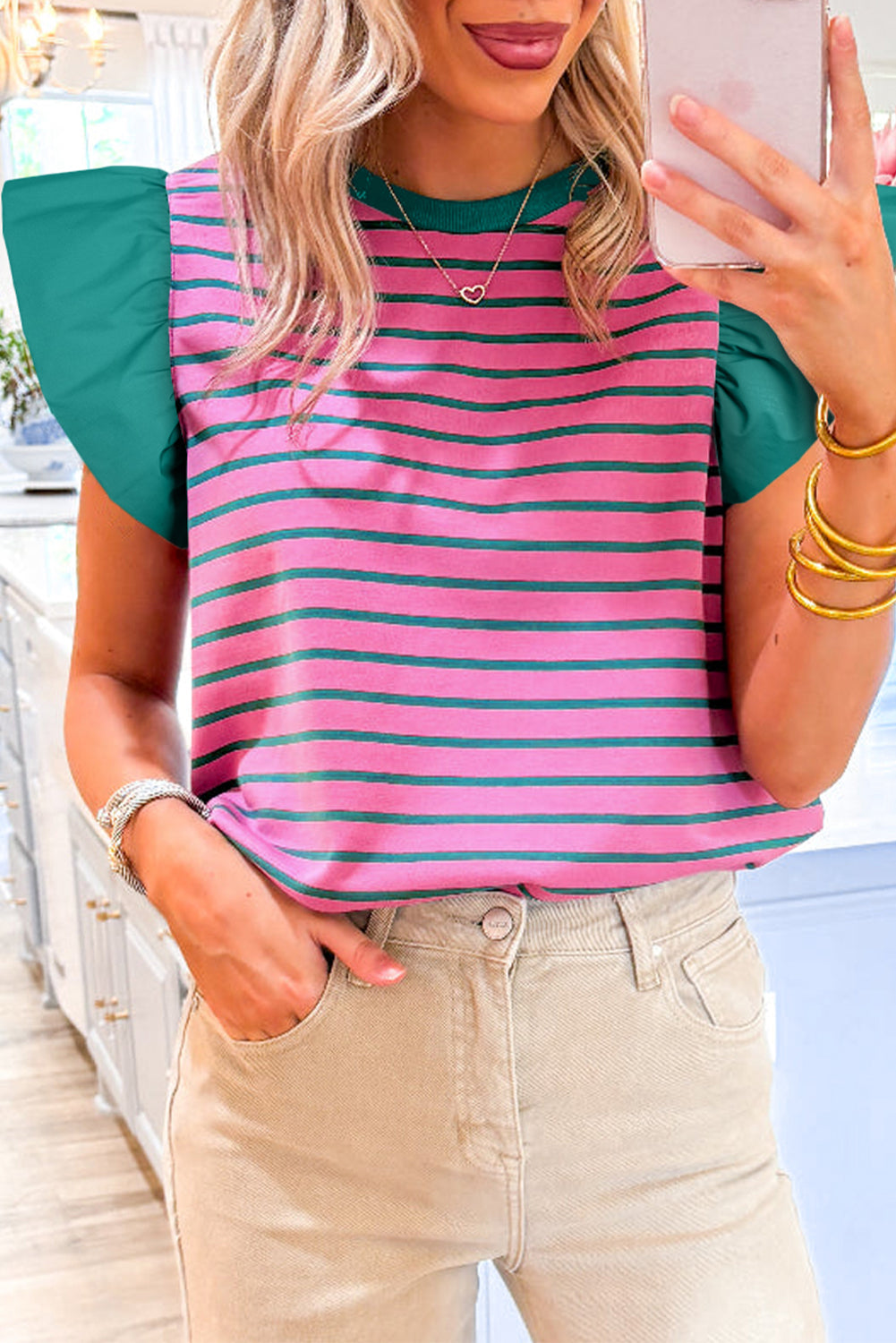 Pink Stripe Colorblock Ruffled Sleeve Crew Neck Blouse