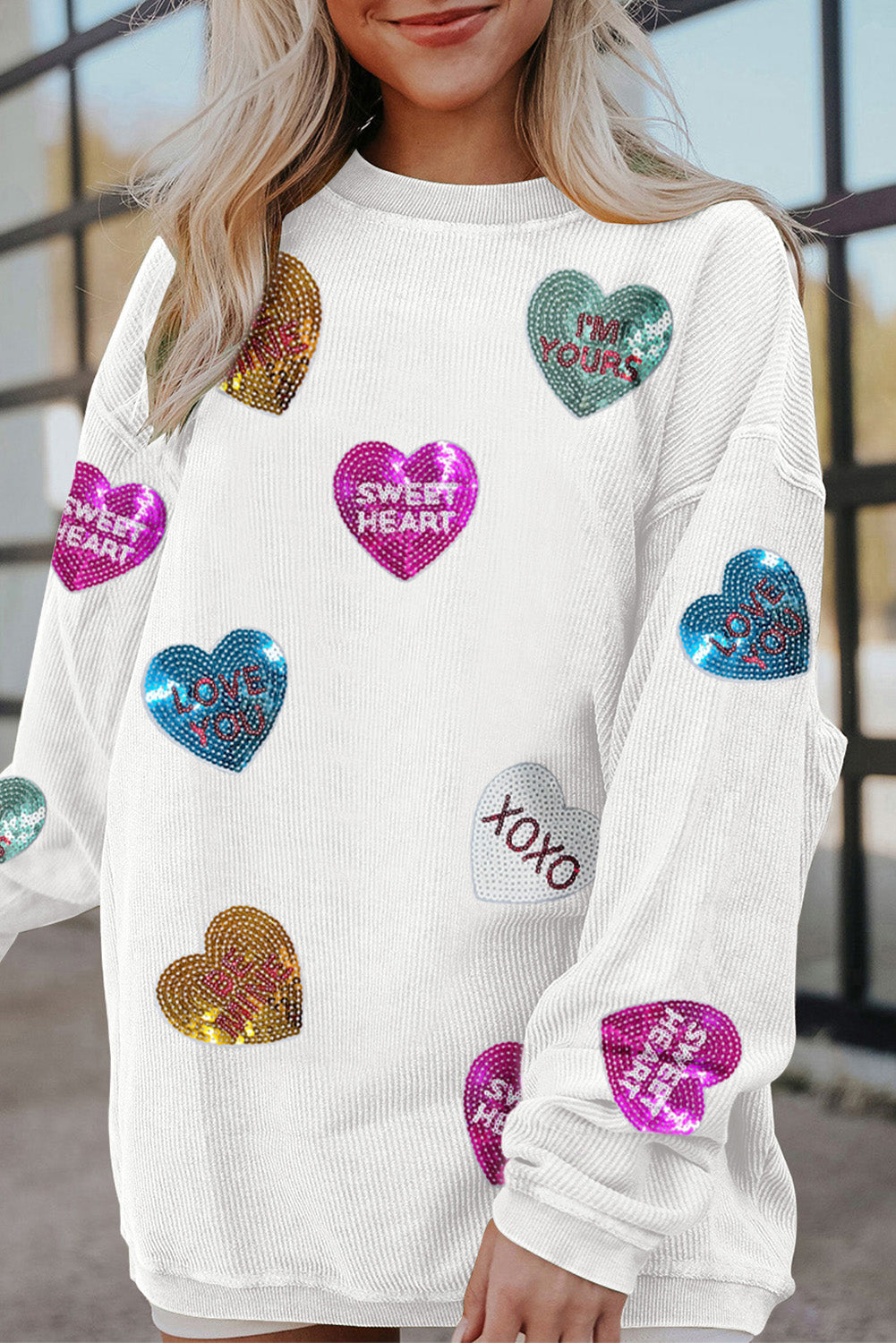 White Letter Print Heart Graphic Valentines Corded Crewneck Sweatshirt