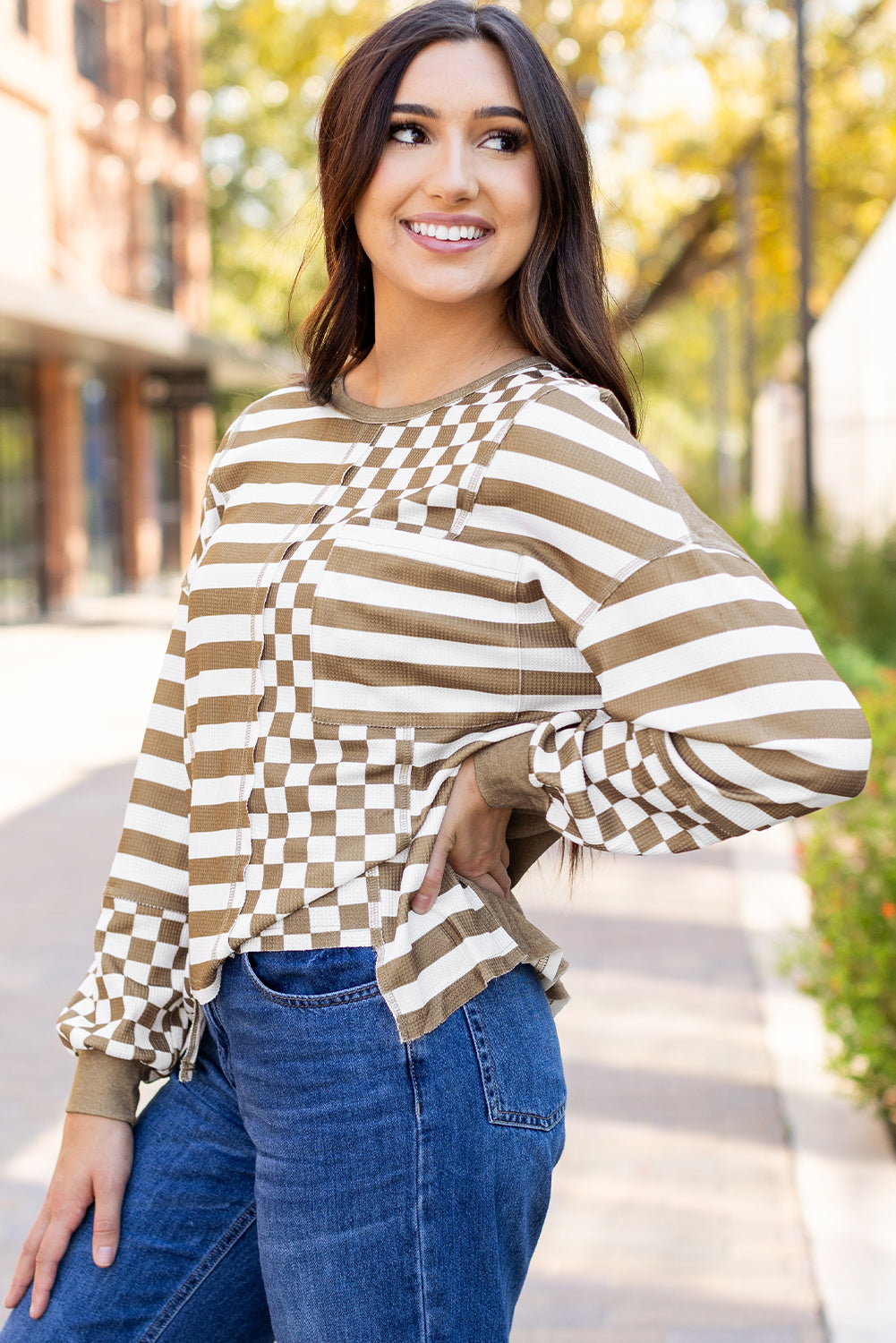 Dark Grey Checkerboard Striped Patchwork Lantern Sleeve Pocketed Blouse