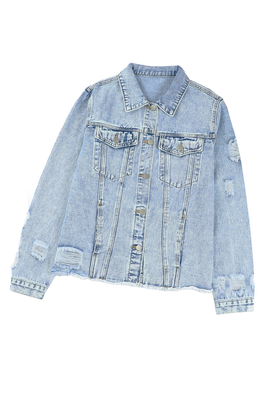 Light Blue Distressed Ripped Raw Hem Buttons Denim Jacket