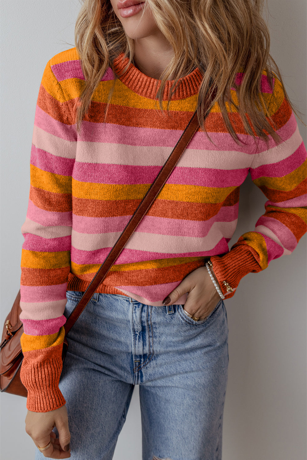 Gray Stripe Color Block Ribbed Edge Round Neck Sweater