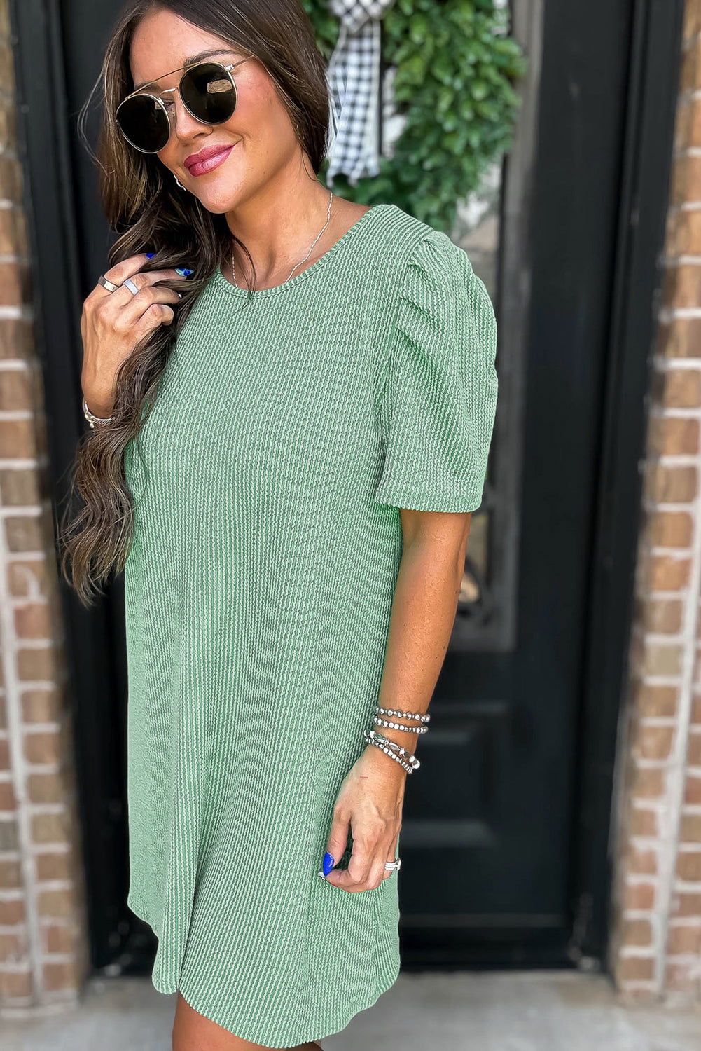 Mint Green Corded Knit Crew Neck Puff Sleeve Shift Mini Dress