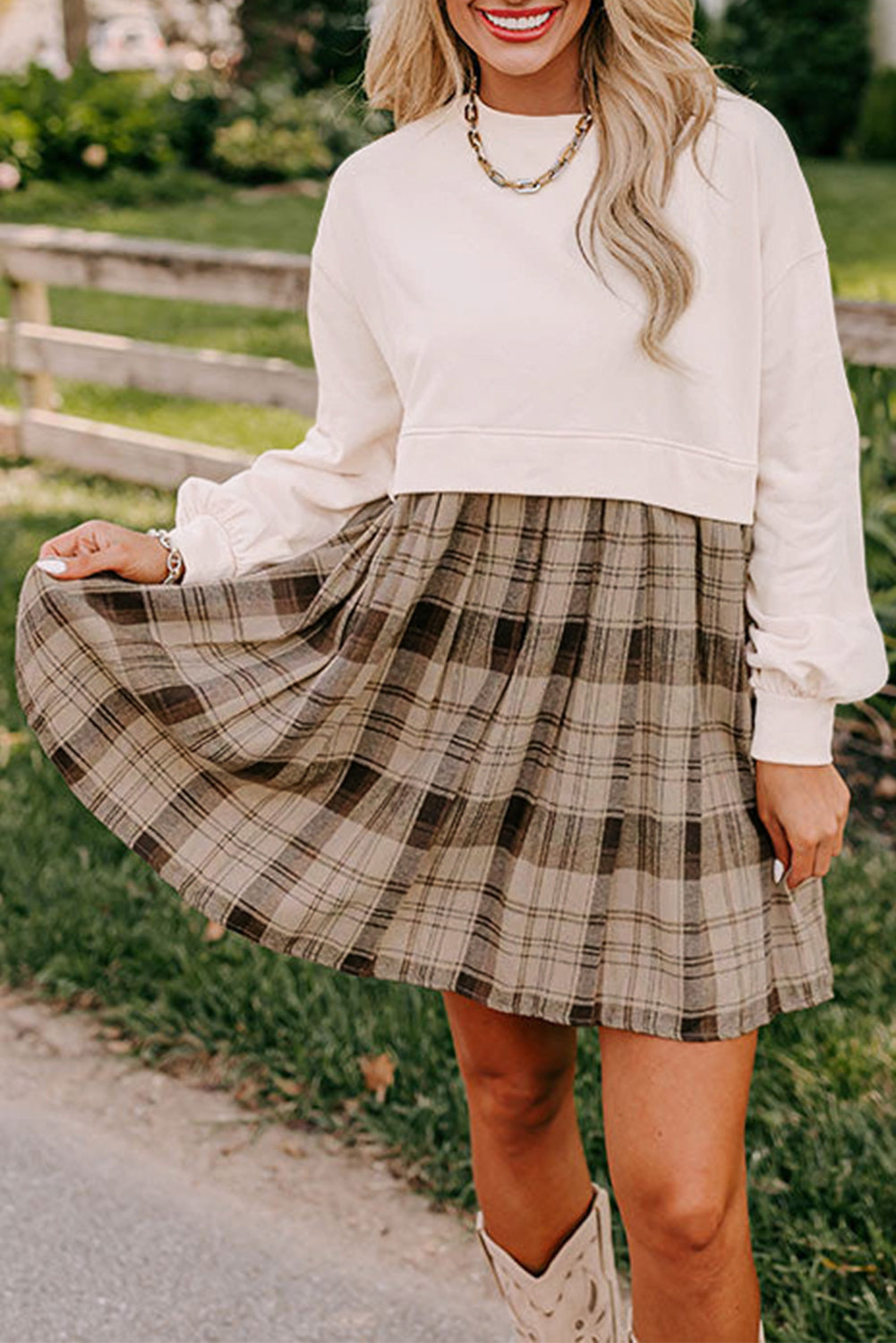 Black Plaid Patchwork High Waist Sweatshirt Mini Dress