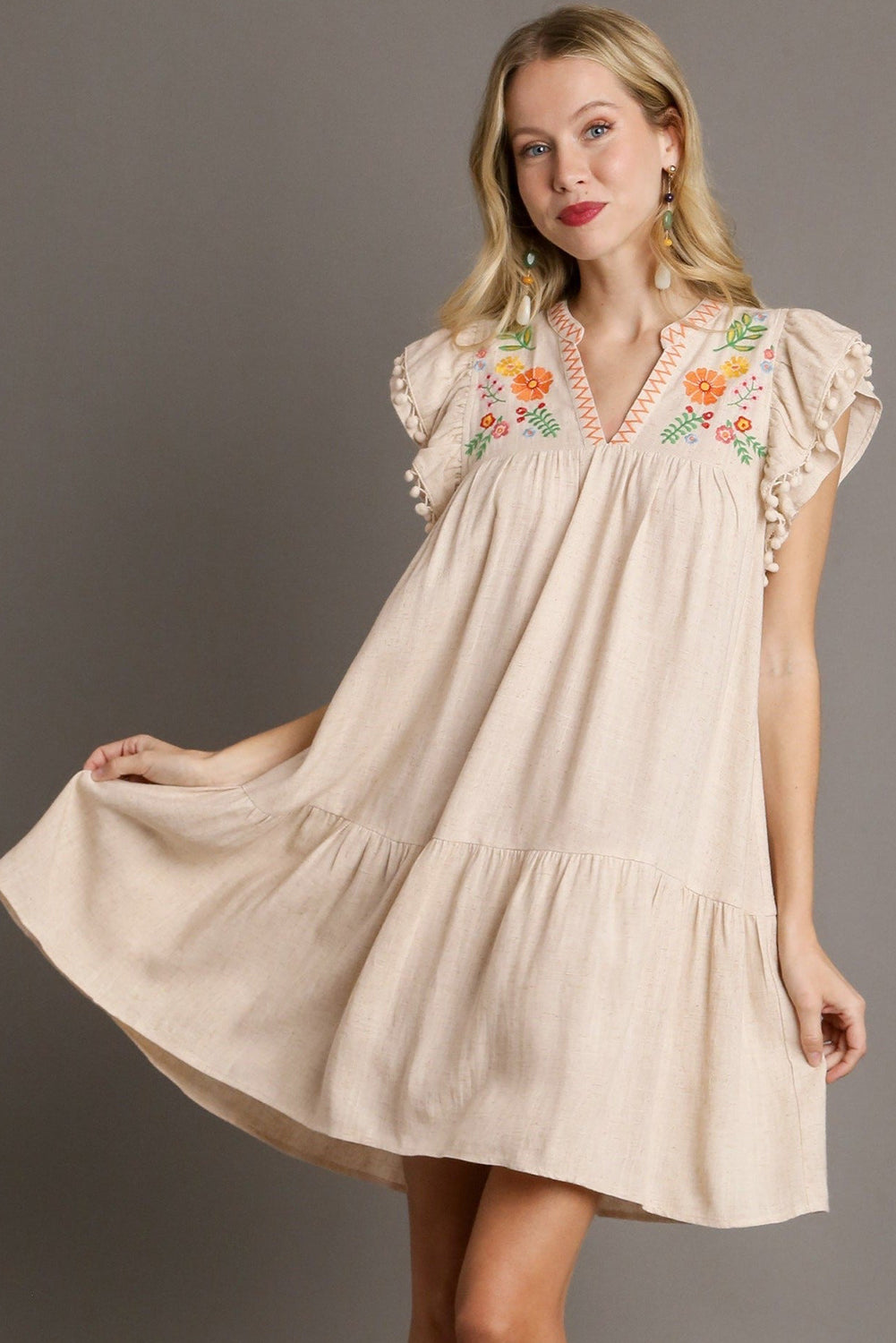 Jet Stream Linen Embroidery Split Neck Pom Pom Ruffle Sleeves Flowy Short Dress