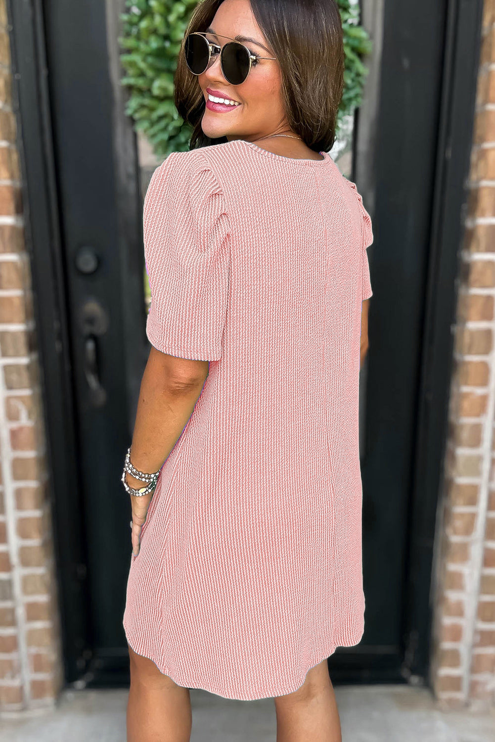 Mint Green Corded Crew Neck Puff Sleeve Mini Dress