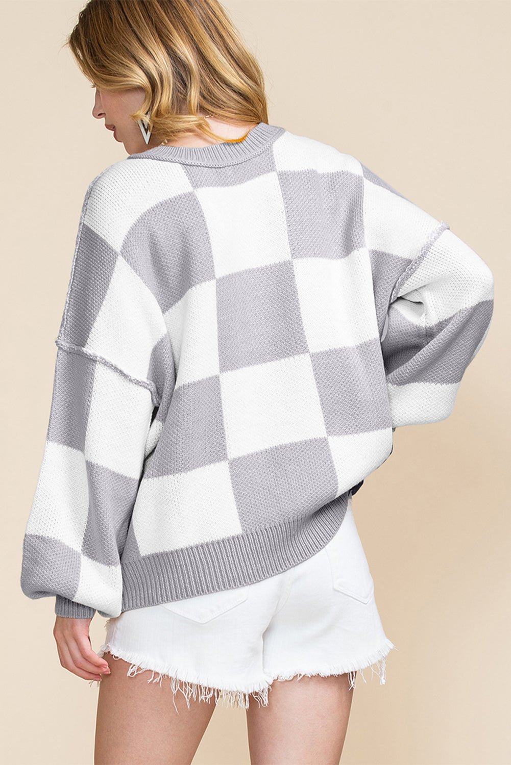 Khaki Checkered Bishop Sleeve Sweater