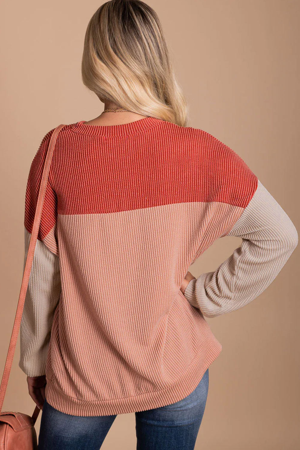 Khaki Color Block Long Sleeve Ribbed Loose Top