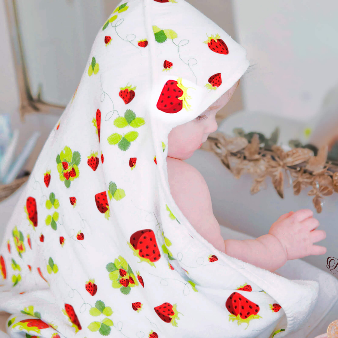Baby Hooded Towel, Muslin-Backed, Buttery Soft Terry, Strawberry Print